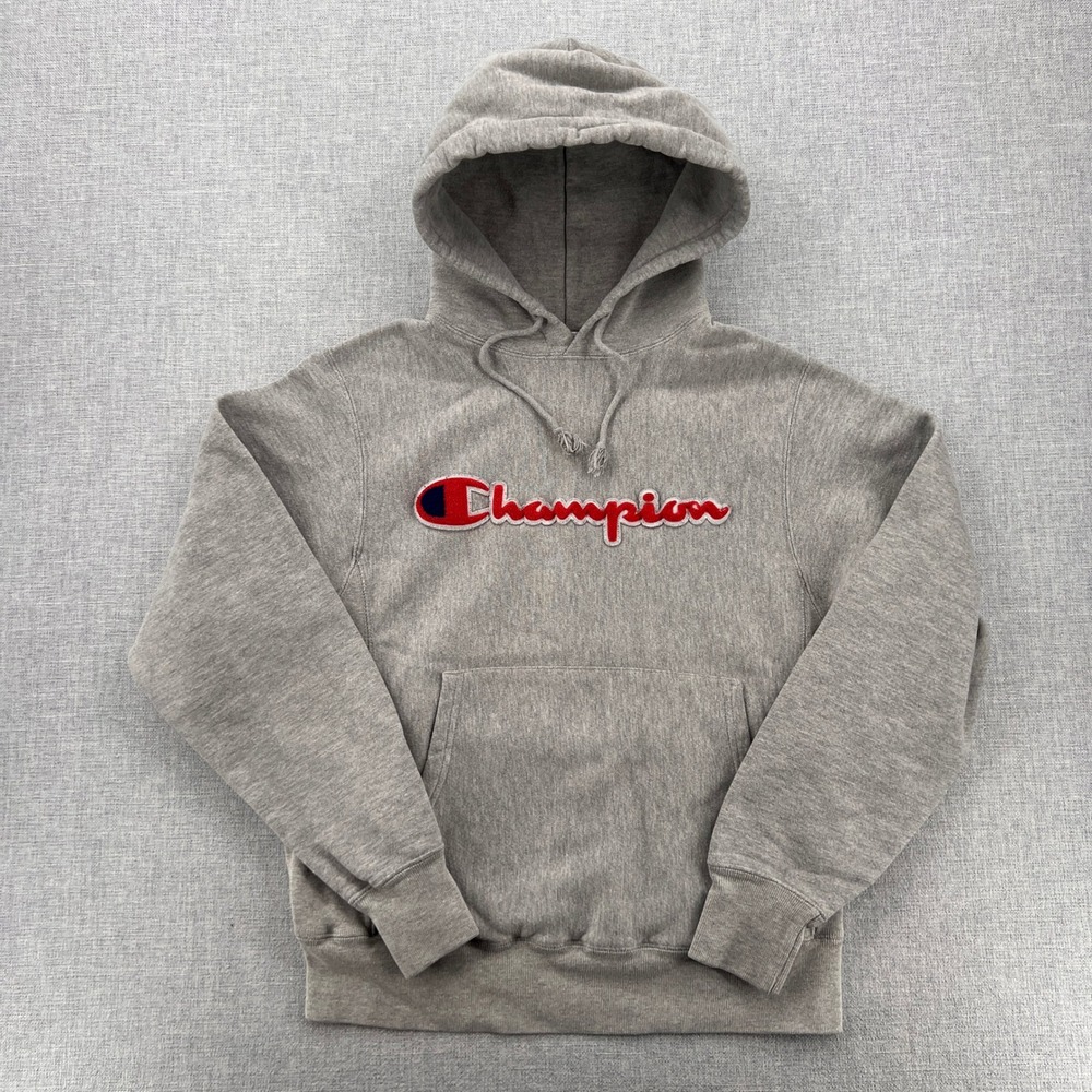 Champion Reverse Weave Script Logo Hoodie Men Small Gray Chenille Athleisure